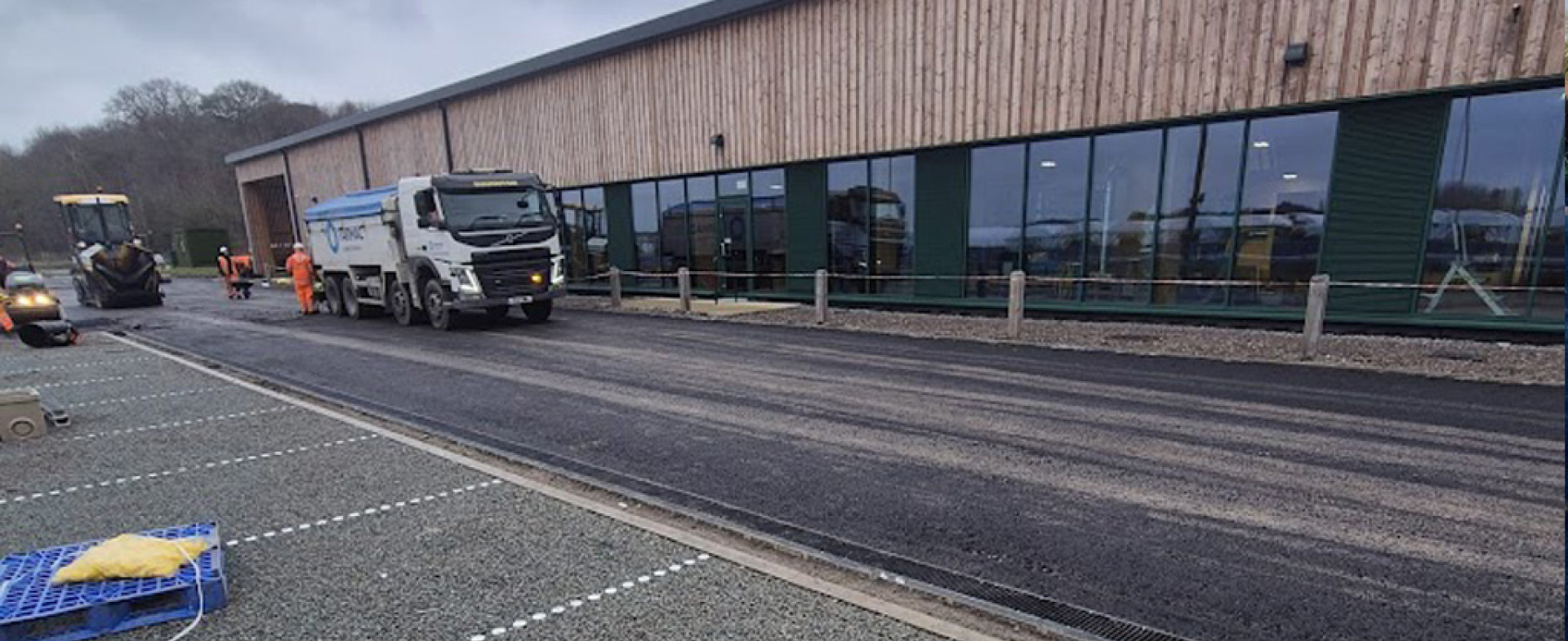 Jointline civils team completing drainage installation, surfacing, and kerbing works at Lobslack SPC Yard for Forestry England.