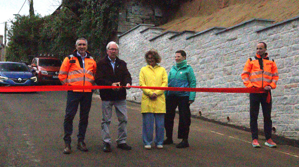 Stabilised retaining wall and reopened road at Chywoone Hill.